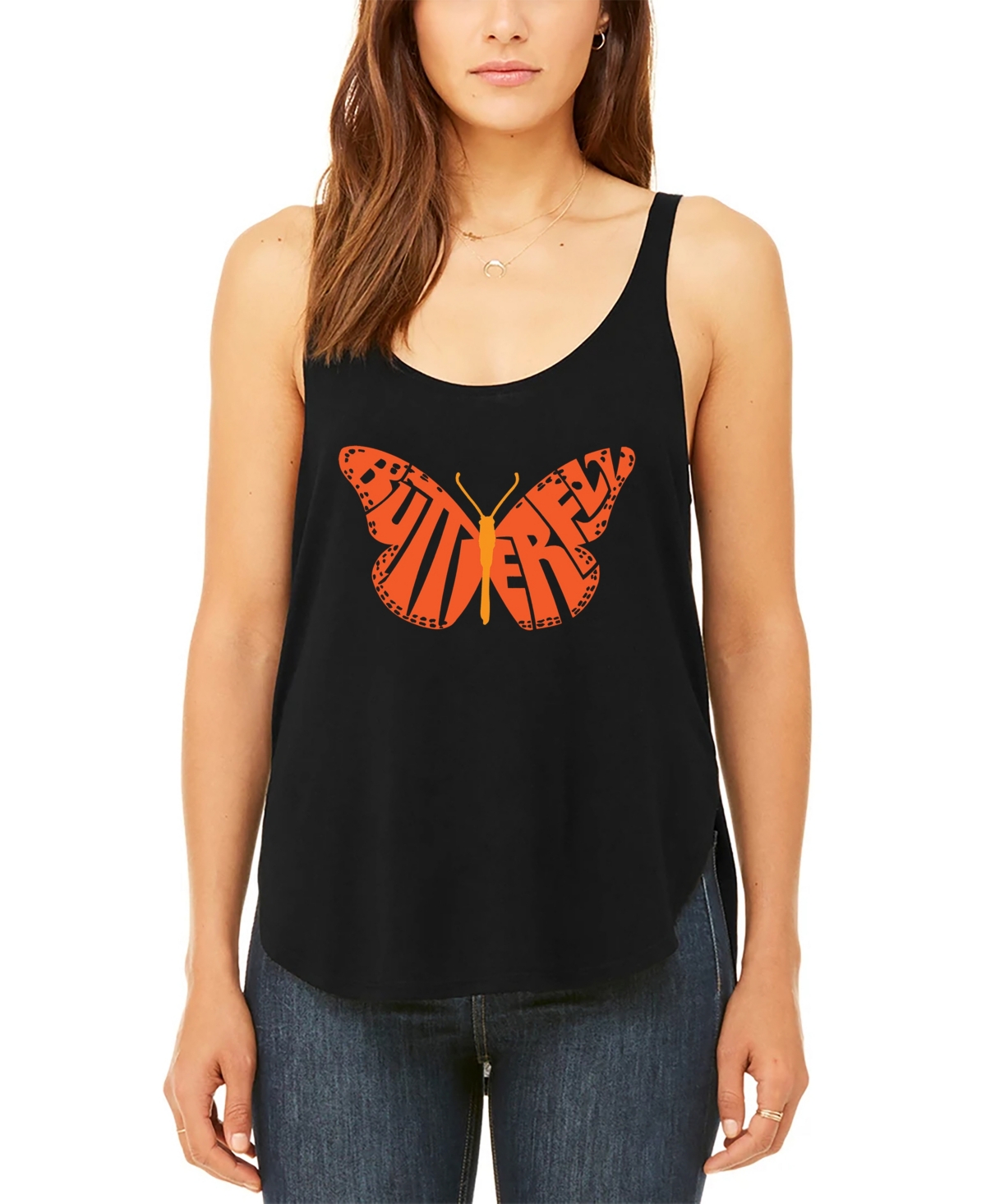 Women's Premium Word Art Butterfly Flowy Tank Top - Black