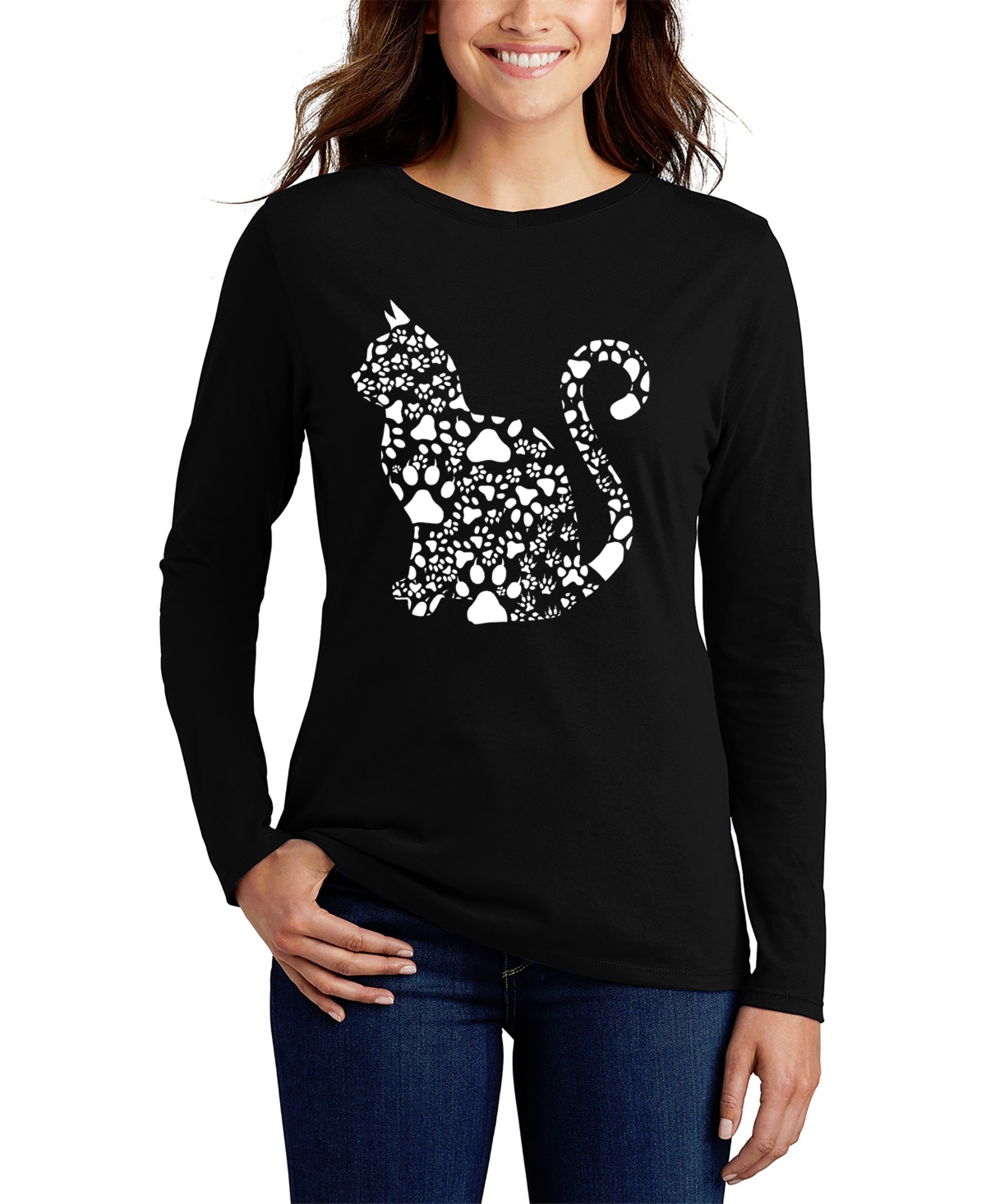 Women's Word Art Cat Paws Long Sleeve T-Shirt - Black