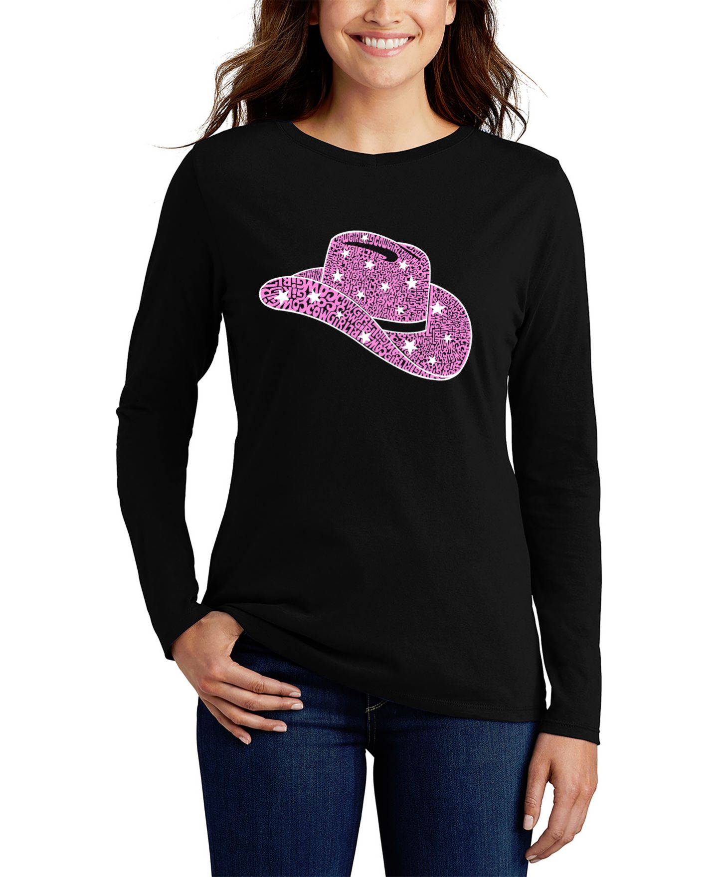Женская футболка LA Pop Art Word Art Cowgirl Hat Long Sleeve, цвет: Чёрный — фото 1