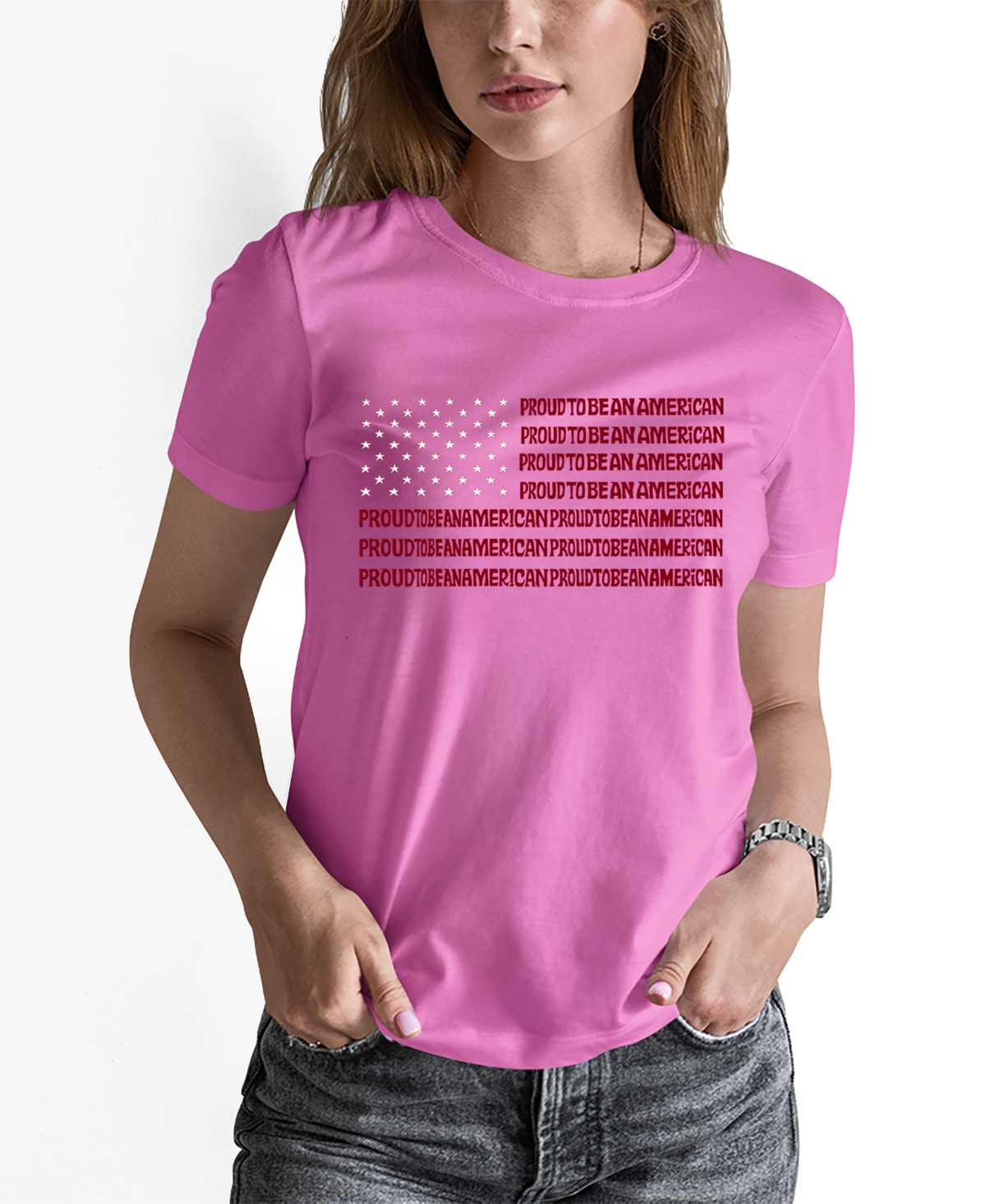 Shop La Pop Art Women's Word Art Proud To Be An American T-shirt In Pink
