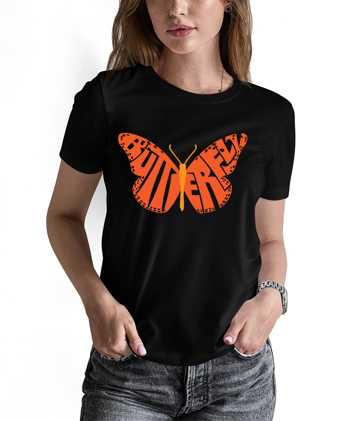 Shop La Pop Art Women's Word Art Butterfly T-shirt In Black