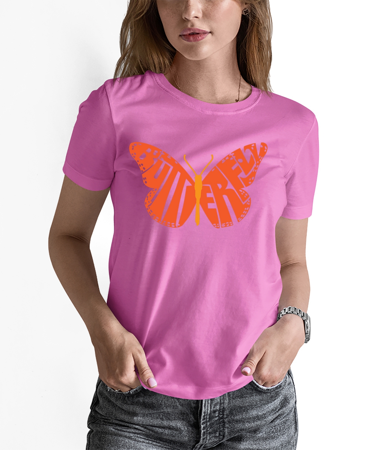 Shop La Pop Art Women's Word Art Butterfly T-shirt In Pink