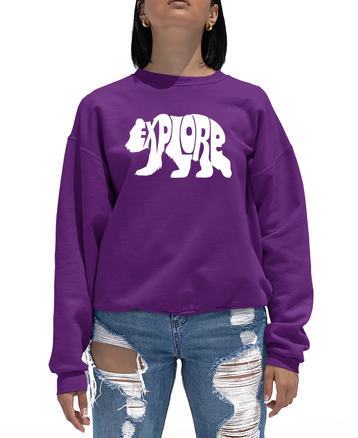 Shop La Pop Art Women's Word Art Explore Crewneck Sweatshirt In Purple