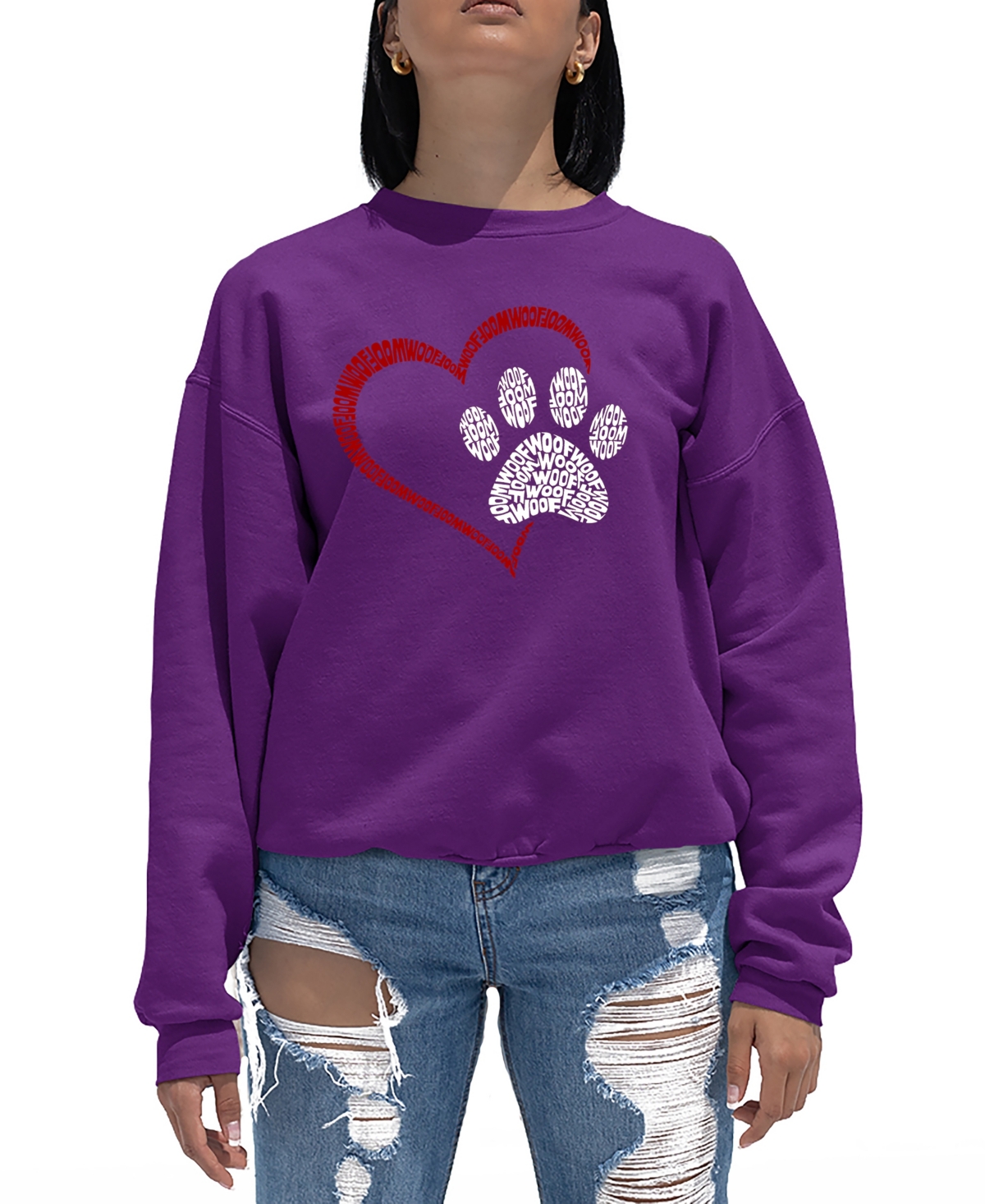 LA POP ART WOMEN'S WORD ART PAW HEART CREWNECK SWEATSHIRT 