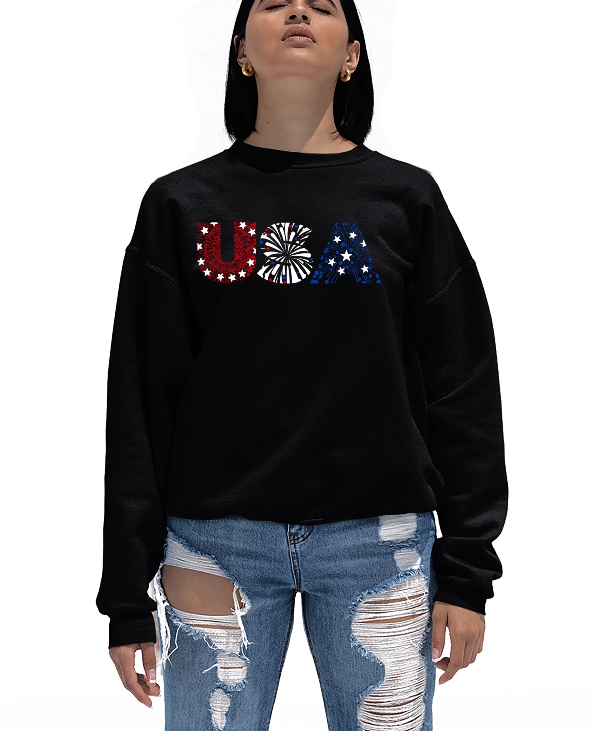 Shop La Pop Art Women's Word Art Usa Fireworks Crewneck Sweatshirt In Black