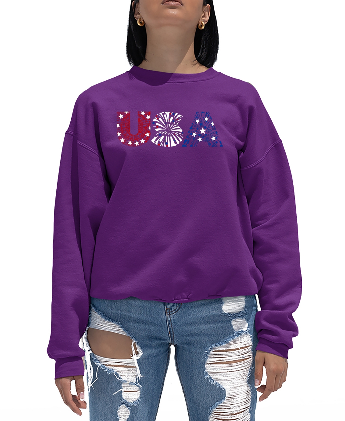 Women's Word Art Usa Fireworks Crewneck Sweatshirt - Purple