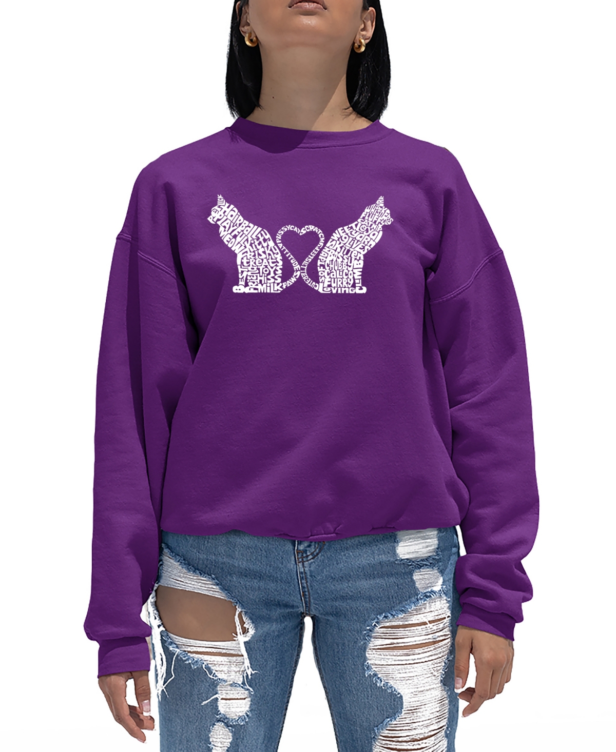 Shop La Pop Art Women's Word Art Cat Tail Heart Crewneck Sweatshirt In Purple