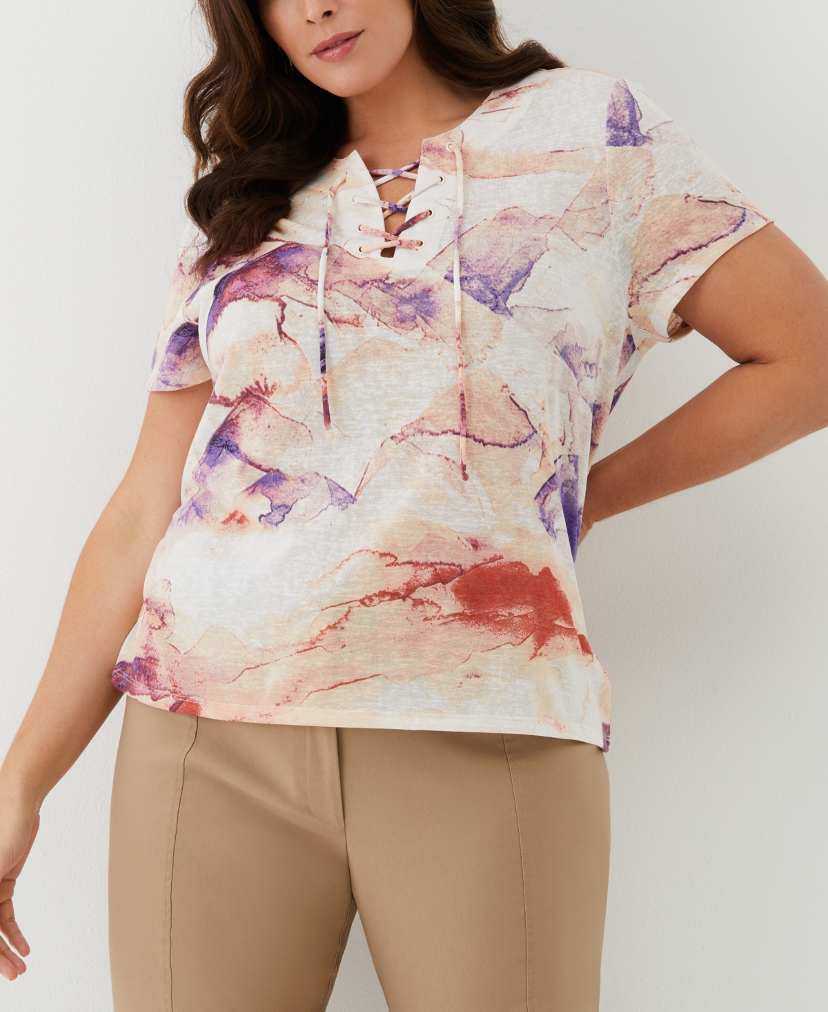 Shop Ella Rafaella Plus Size Eco Watercolor Print Lace-up Short Sleeve Tee Shirt In Honey Peach