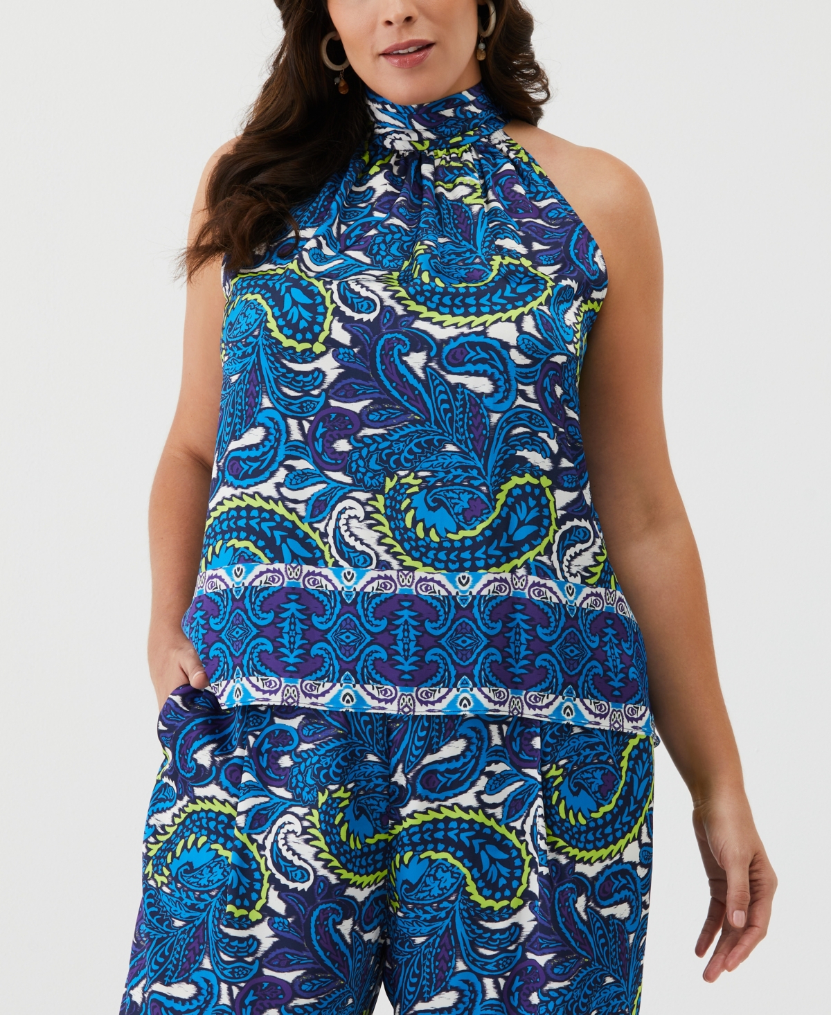 Plus Size Paisley Print Sleeveless Halter Top - Malibu Blue
