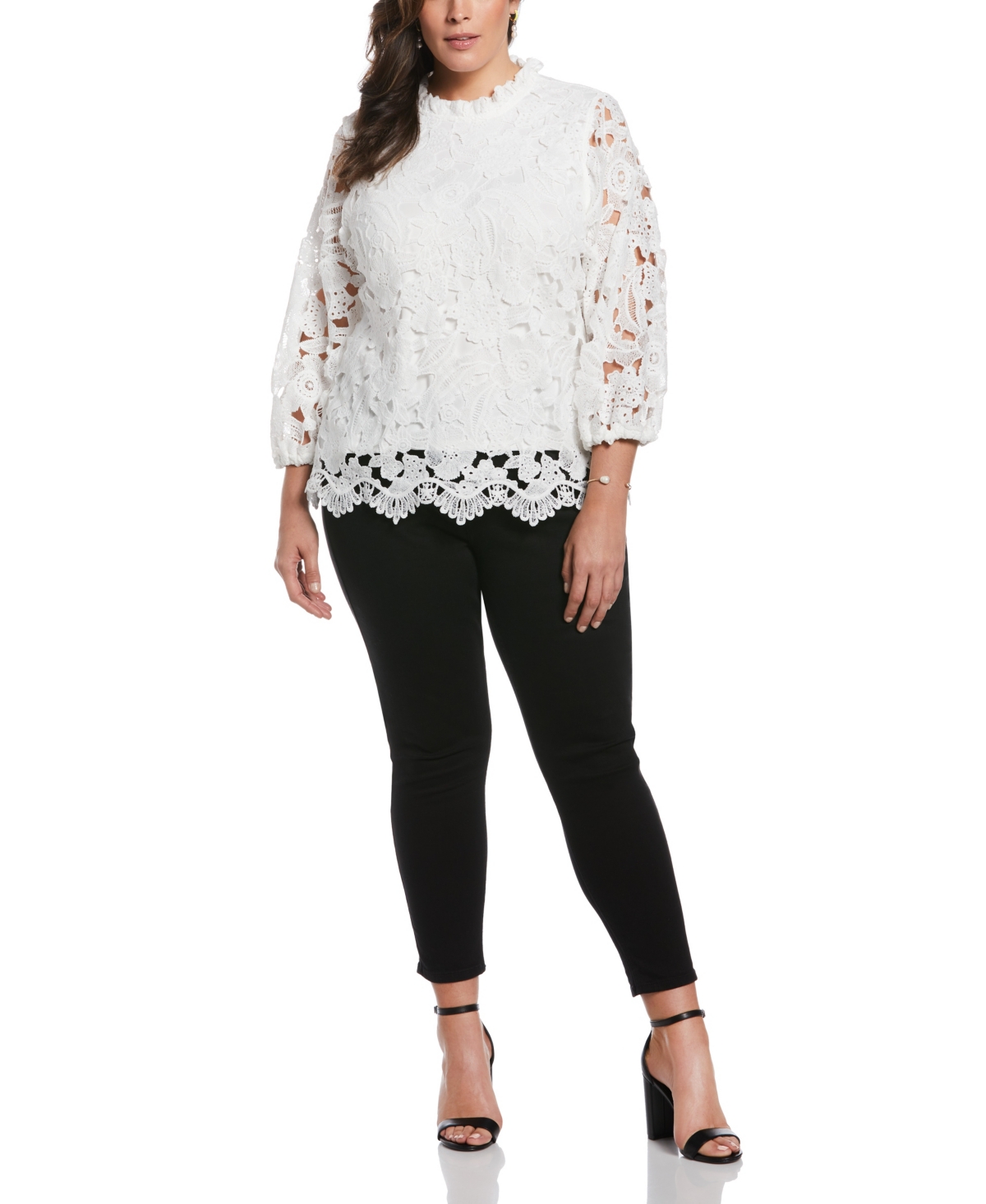 Shop Ella Rafaella Plus Size Lace Mock Neck 3/4 Sleeve Top In White
