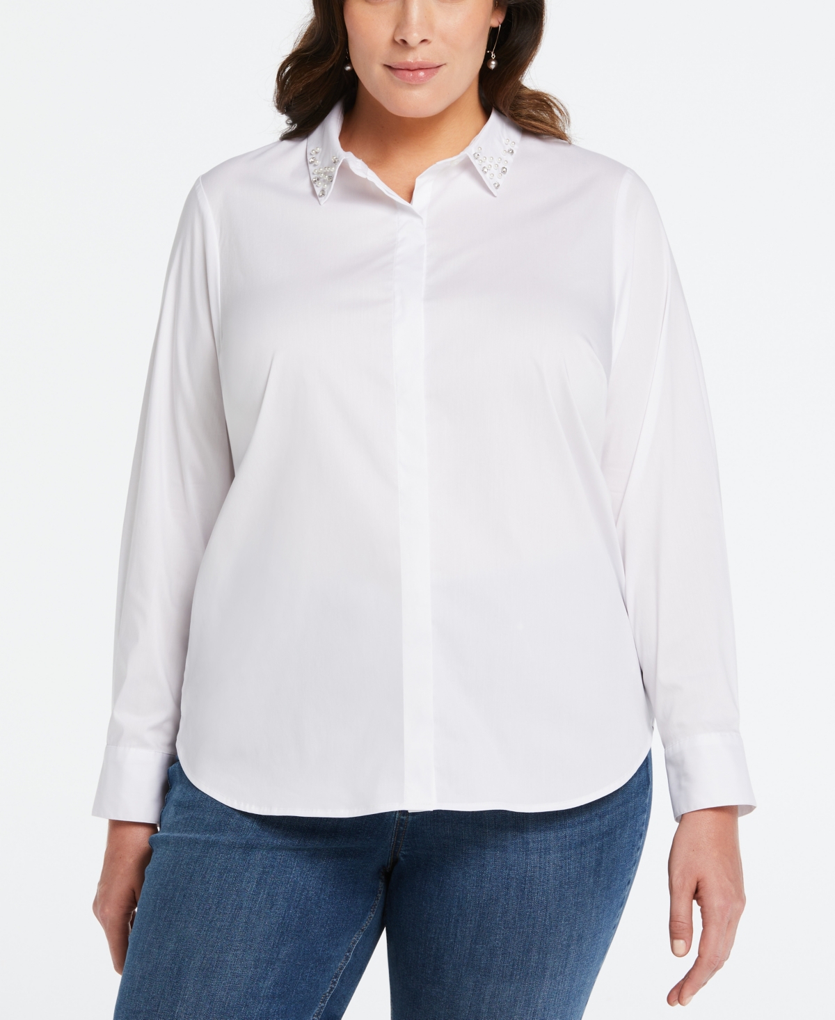 Ella Rafaella Plus Size Ruched Sleeve Embellished Collar Blouse
