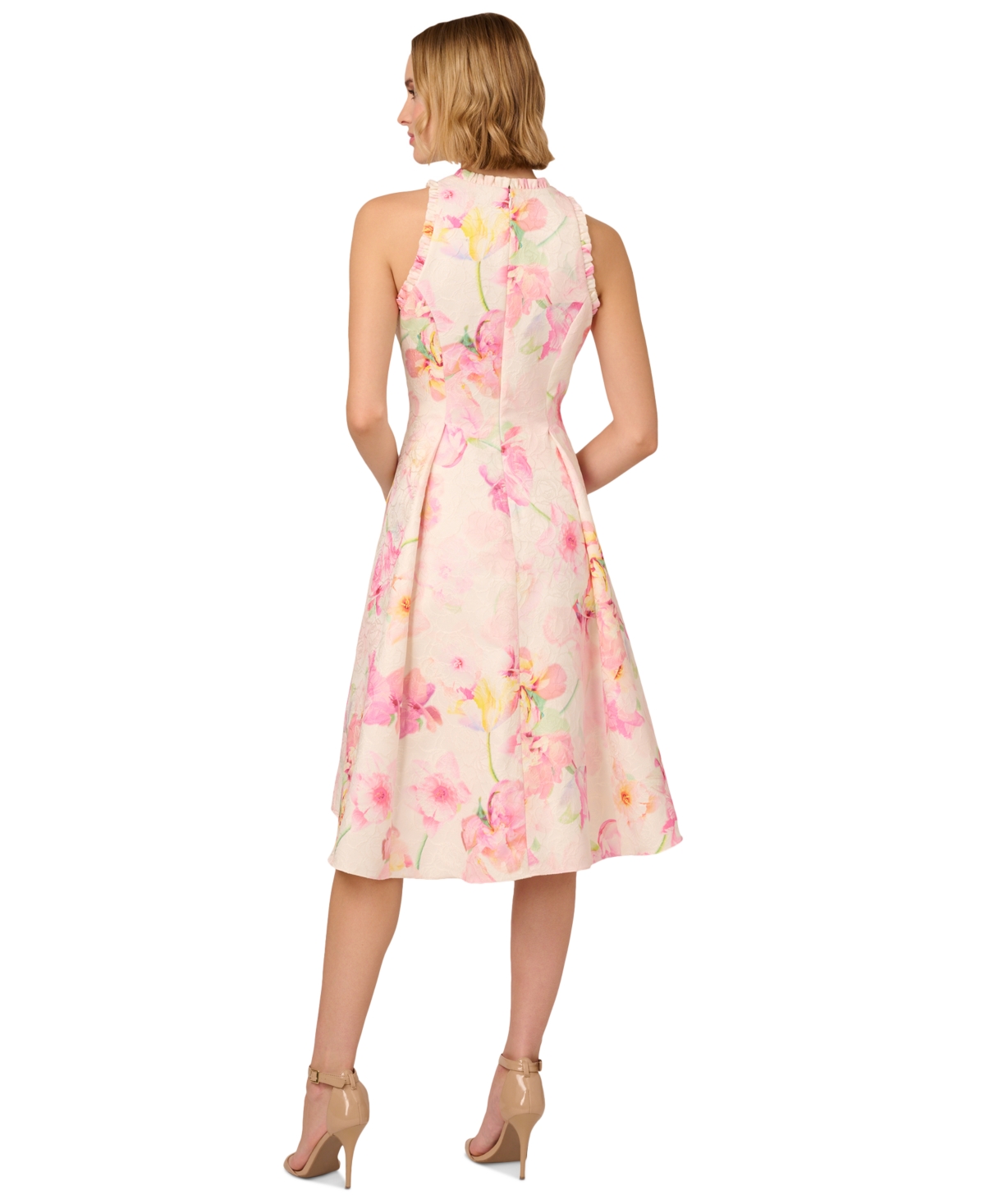 Shop Adrianna Papell Women's Floral Jacquard Ruffle-trim Dress In Pink Multi