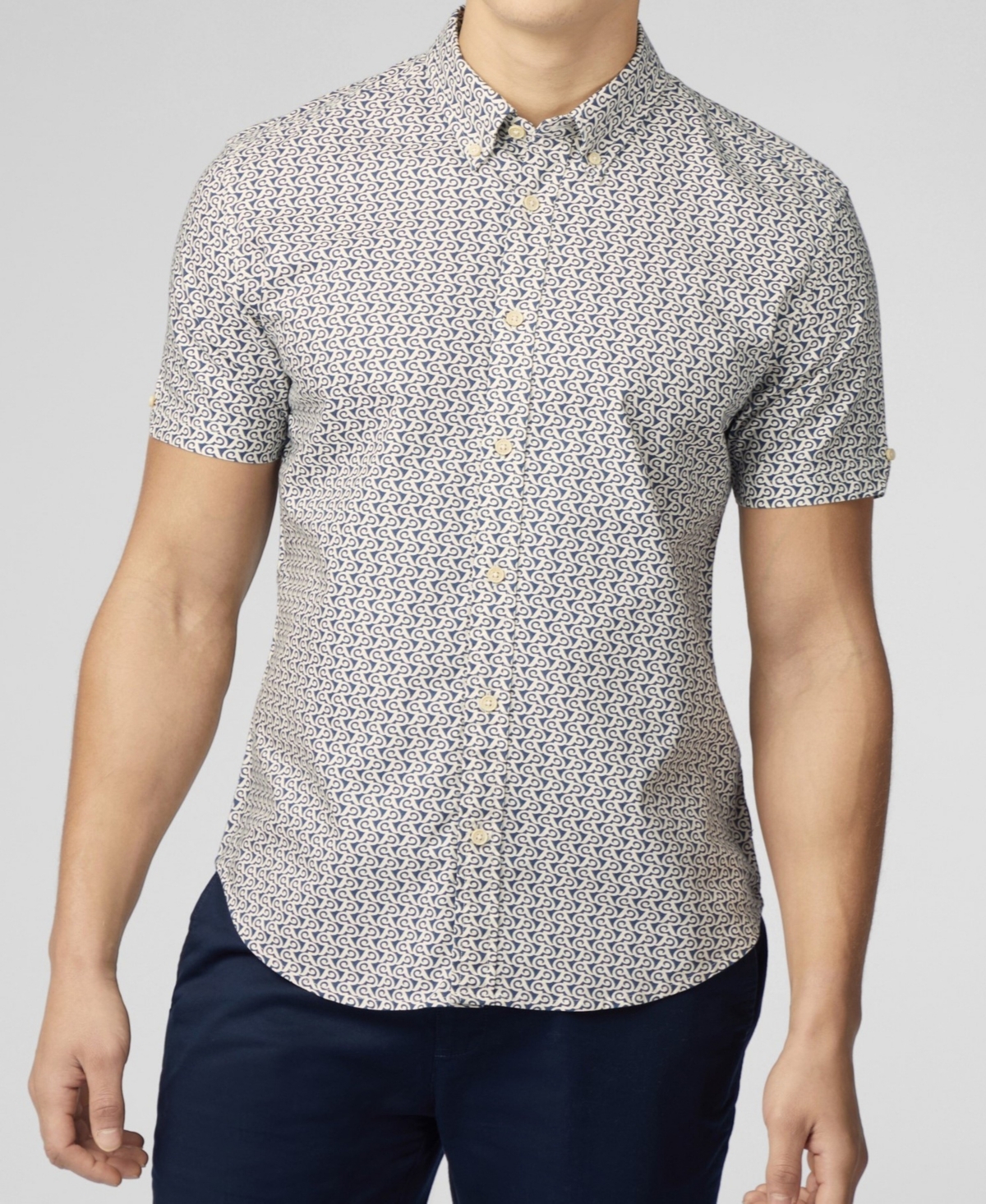Men's Geo Wave Print Short Sleeve Shirt - Blue Denim