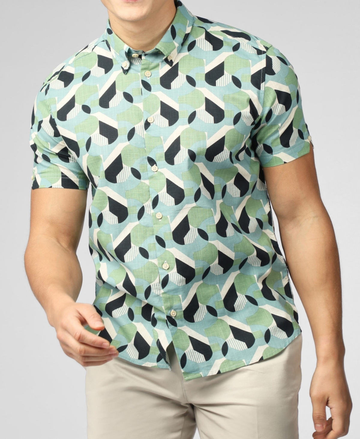 Men's Art Deco Print Short Sleeve Shirt - Grass Green
