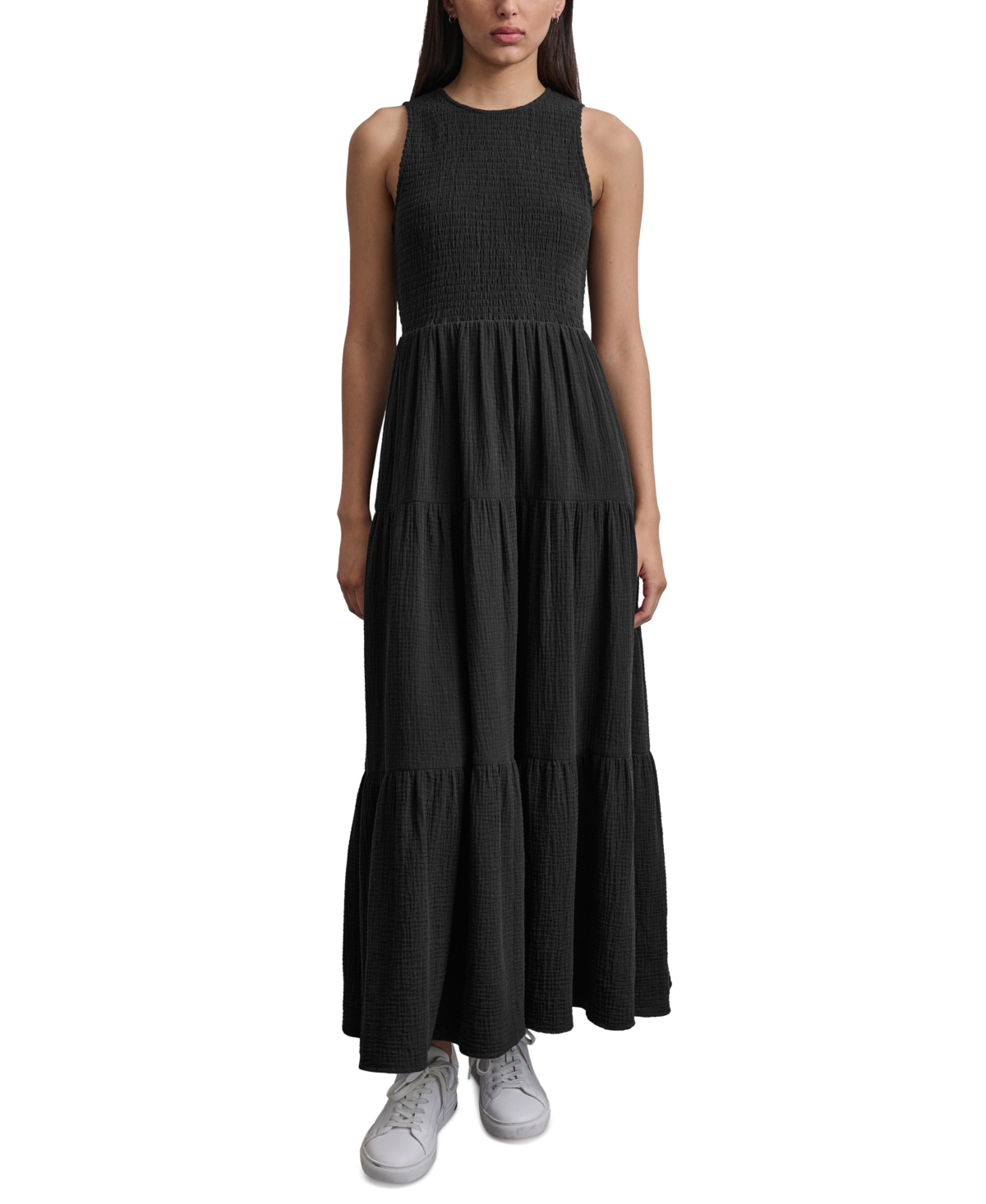 Dkny Jeans Women's Cotton Gauze Smocked-bodice Maxi Dress In Black