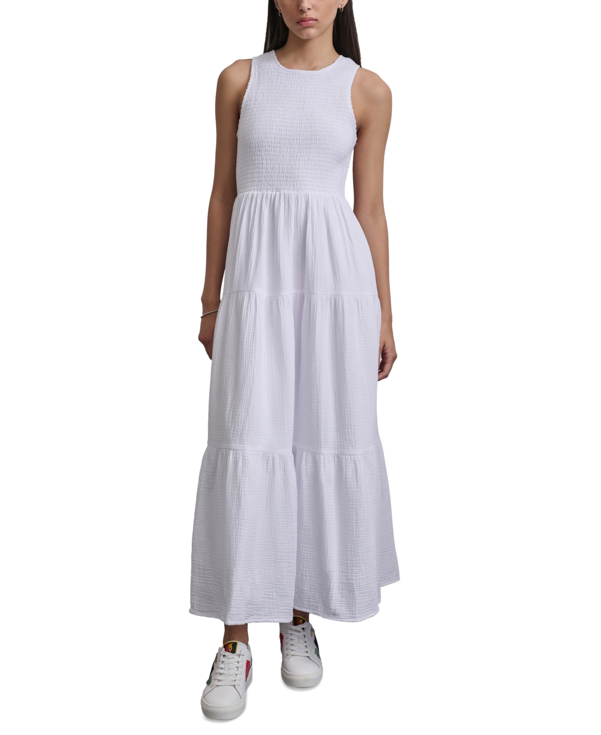Dkny Jeans Women's Cotton Gauze Smocked-bodice Maxi Dress In White
