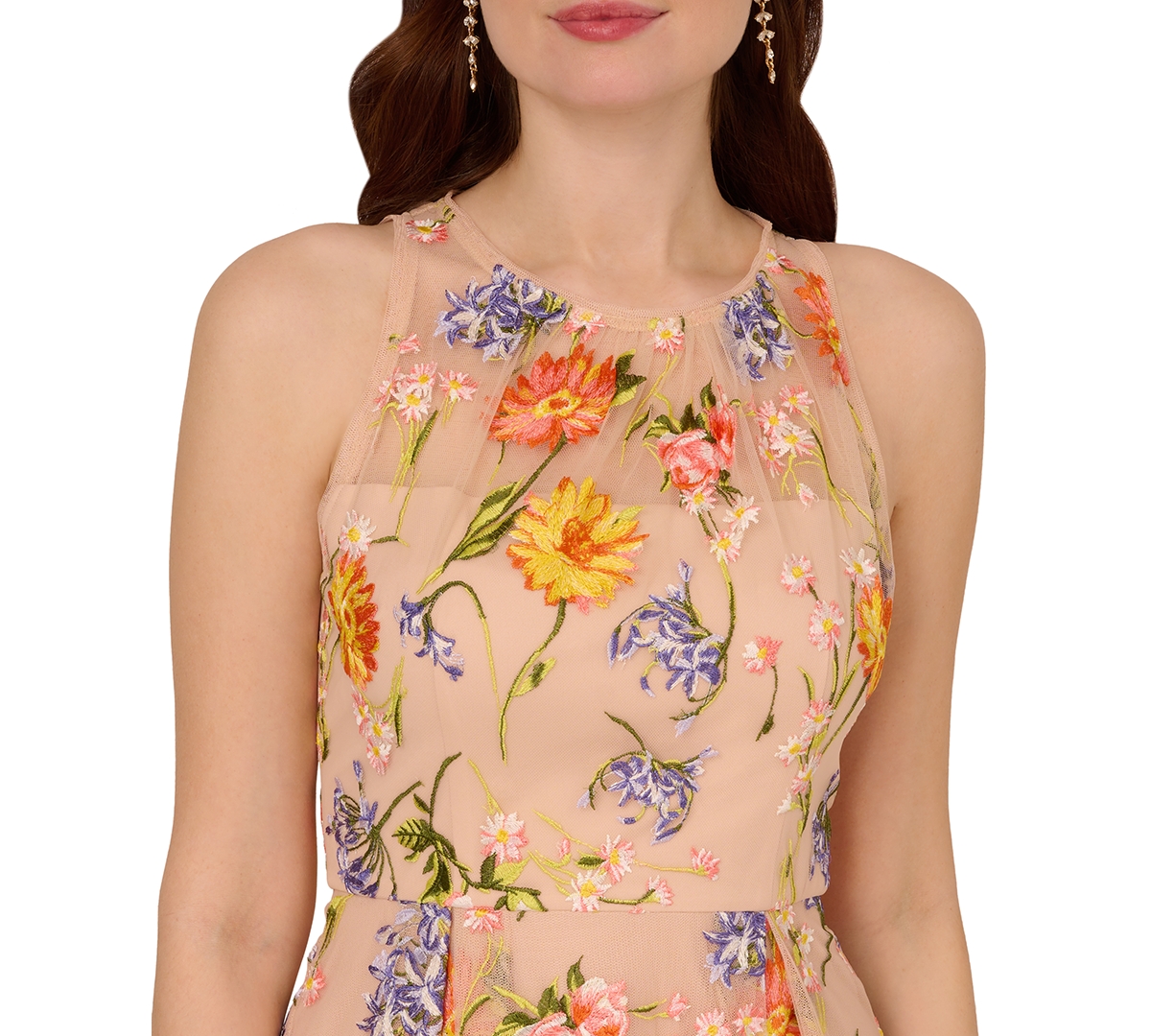 Adrianna Papell Women's Floral-Embroidery Midi Dress -Oranges