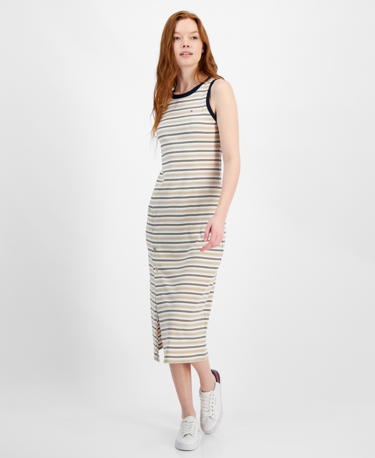 Shop Tommy Hilfiger Women's Striped Ribbed Slit Midi Dress In Khaki Mult