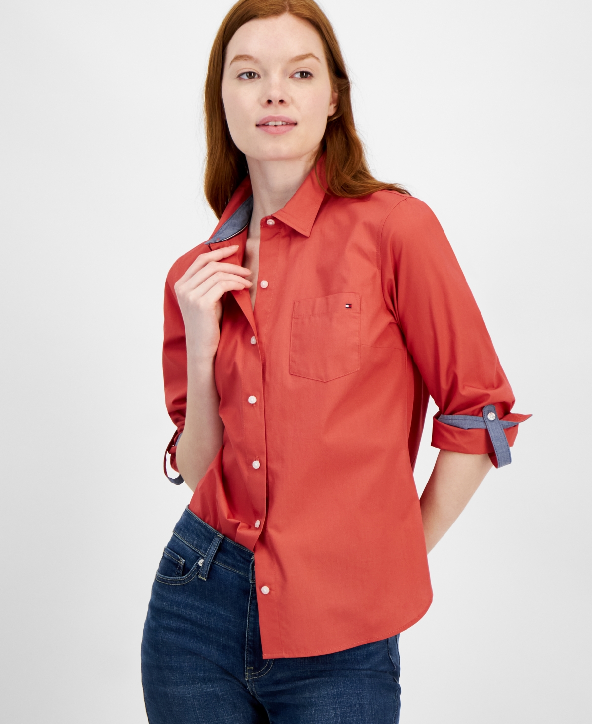 Tommy Hilfiger Women's Cotton Roll-tab Button Shirt In Red