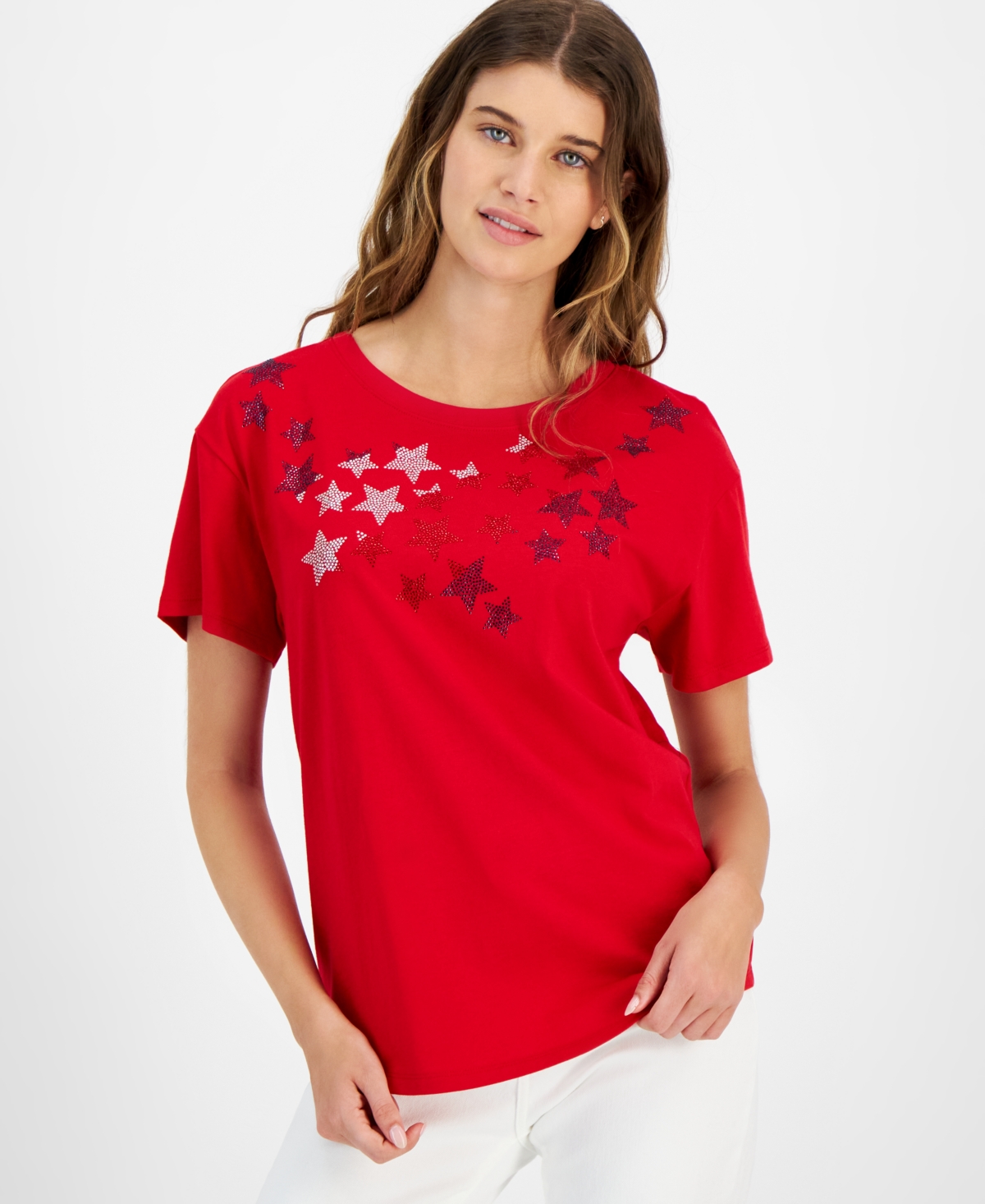 Shop Tommy Hilfiger Women's Embellished-star Short-sleeve T-shirt In Scarlet