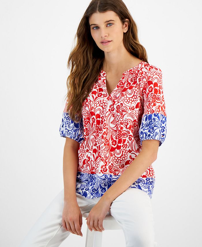 Tommy Hilfiger Women's Cotton Floral-Print Puffed-Sleeve Top - Macy's