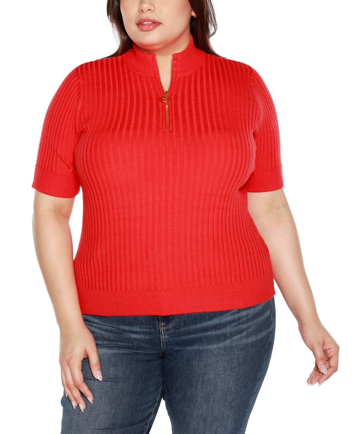 Black Label Plus Size Mock Neck Zip Front Ribbed Short Sleeve Sweater - Key Lime