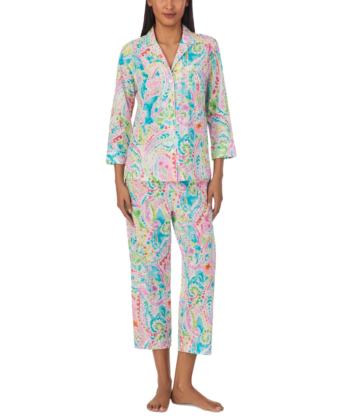 Petite 3/4-Sleeve Cropped Pant Pajama Set - Mutli Paisley