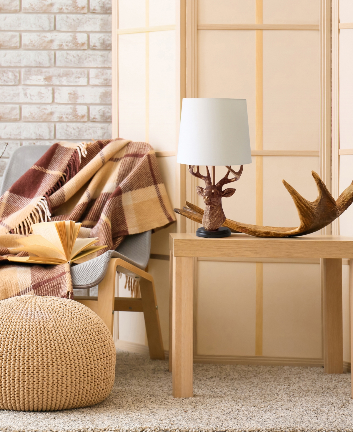 Simple Designs Woodland 17.25" Tall Rustic Antler Copper Deer Bedside Table Desk Lamp With Tapered White Fabric Sha In Copper