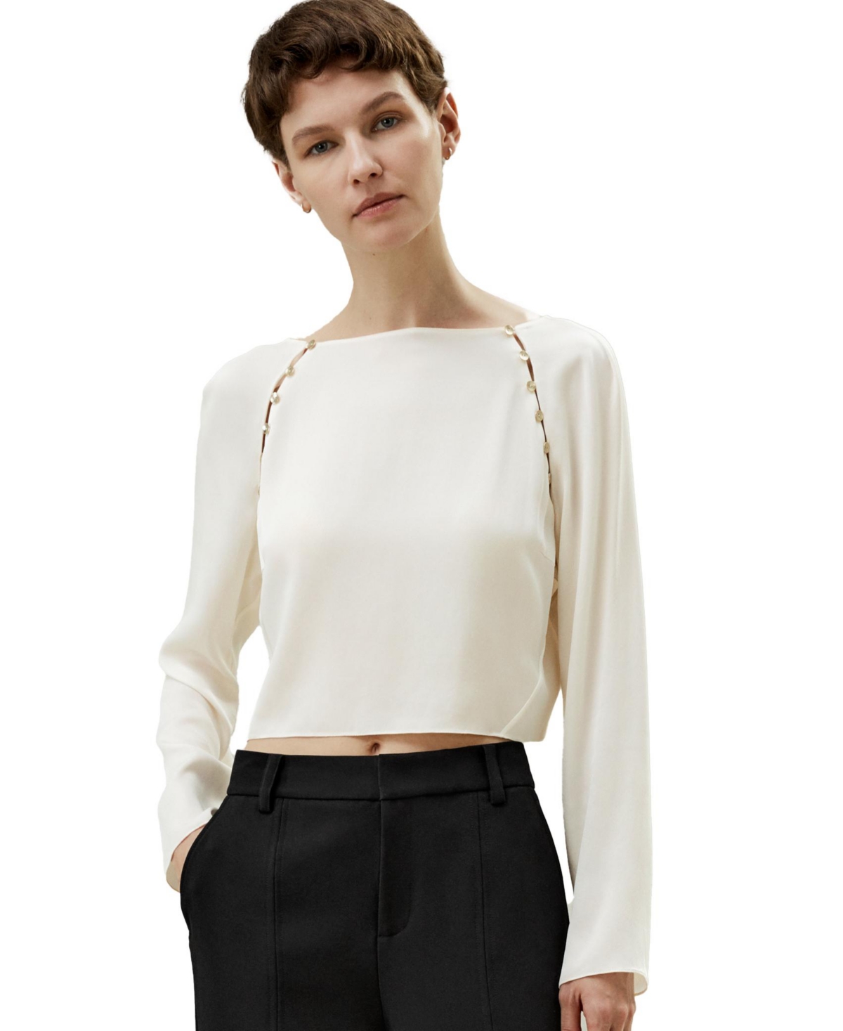 Cropped Pullover Silk Top for Women - Black