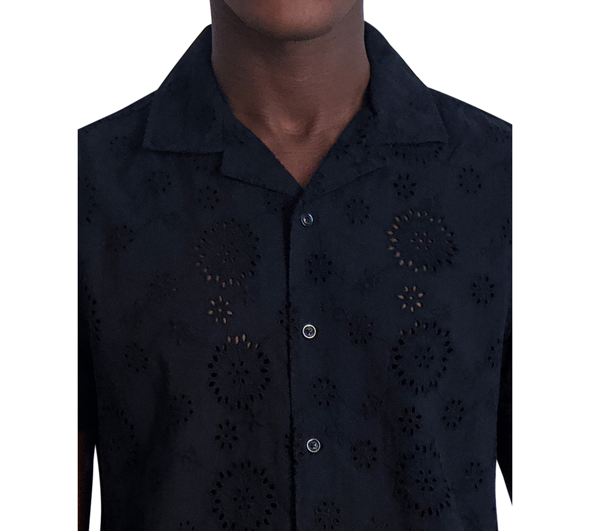 Shop Karl Lagerfeld Men's Slim-fit Eyelet Button-down Camp Shirt In Black
