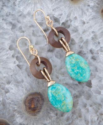 Precious Genuine Green Turquoise and Wood Golden Bronze Oval Earrings