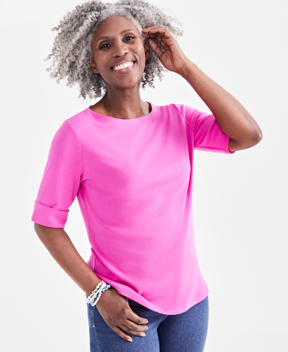 Style & Co Petite Cotton Elbow-sleeve Boat-neck Top, Created For Macy's In Pink