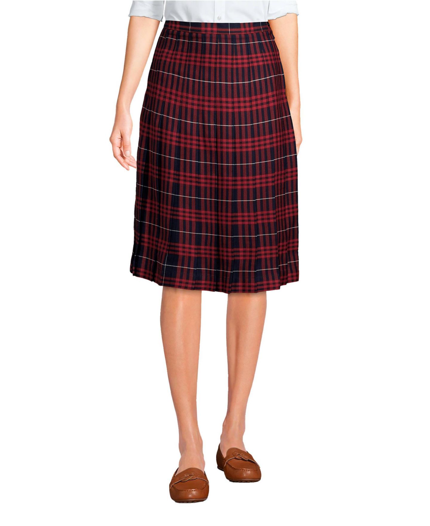 Женская юбка Lands' End Plaid Pleated Skirt Below the Knee, цвет: Тёмно-синий клетчатый, вариант 1 — фото 1