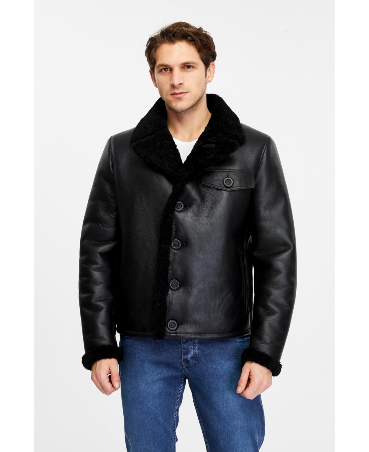 Men's Fashion Leather Jacket Wool, Black - Black