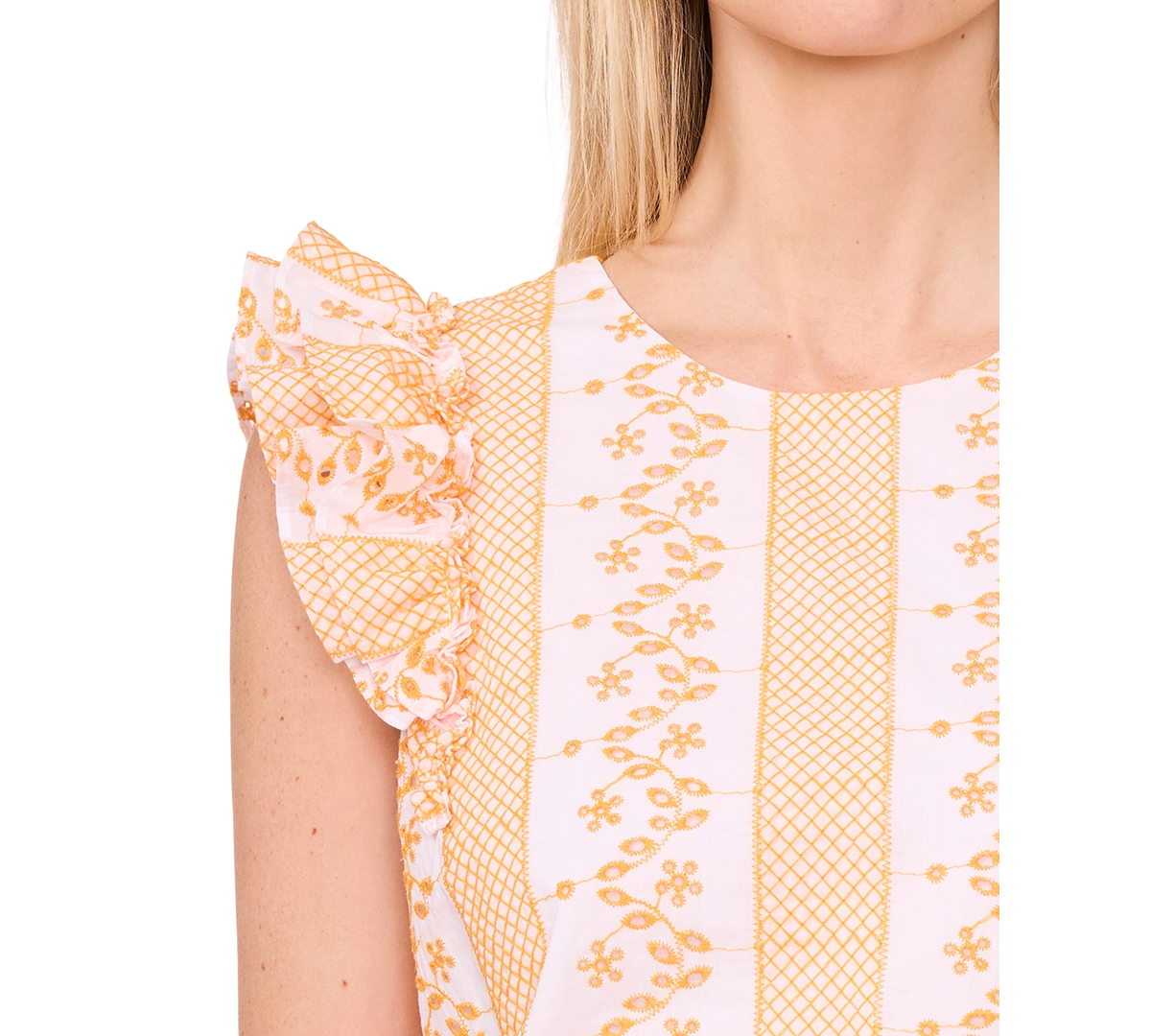 CeCe Women's Embroidered Crewneck Ruffle Sleeve Blouse