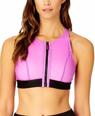 Women's Optical Illusion Zip Longline Bra Swim Top