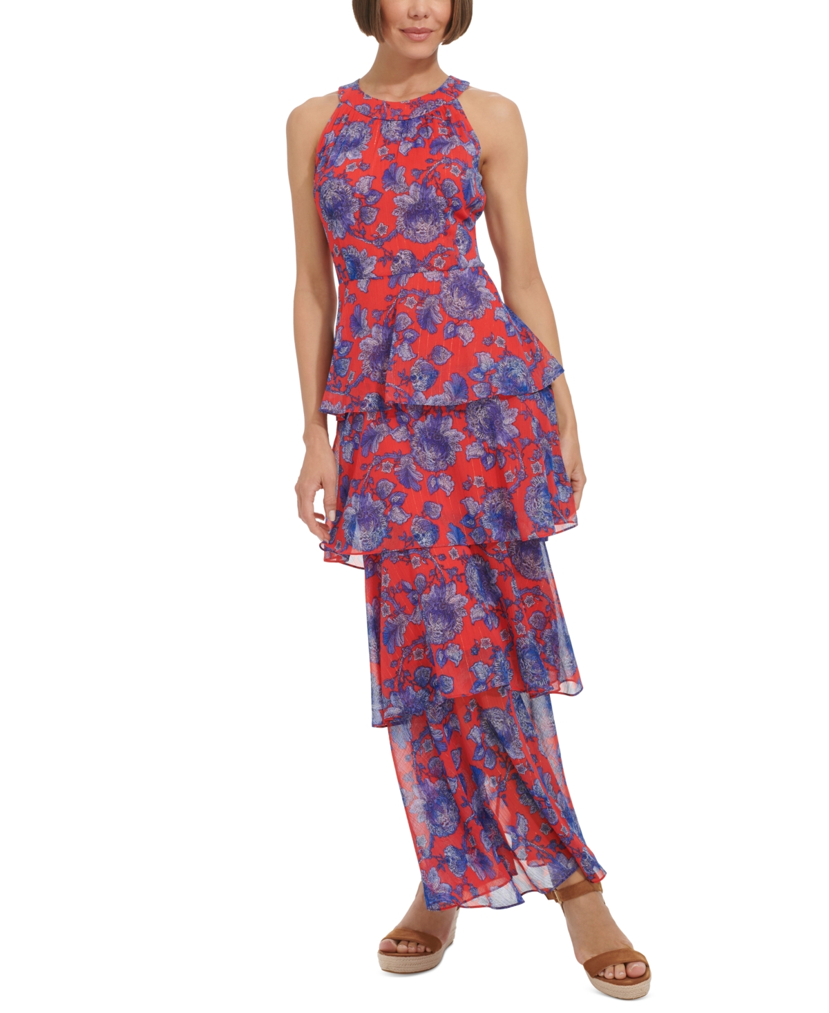 Shop Tommy Hilfiger Women's Floral-print Tiered Halter Maxi Dress In Guava,ampa