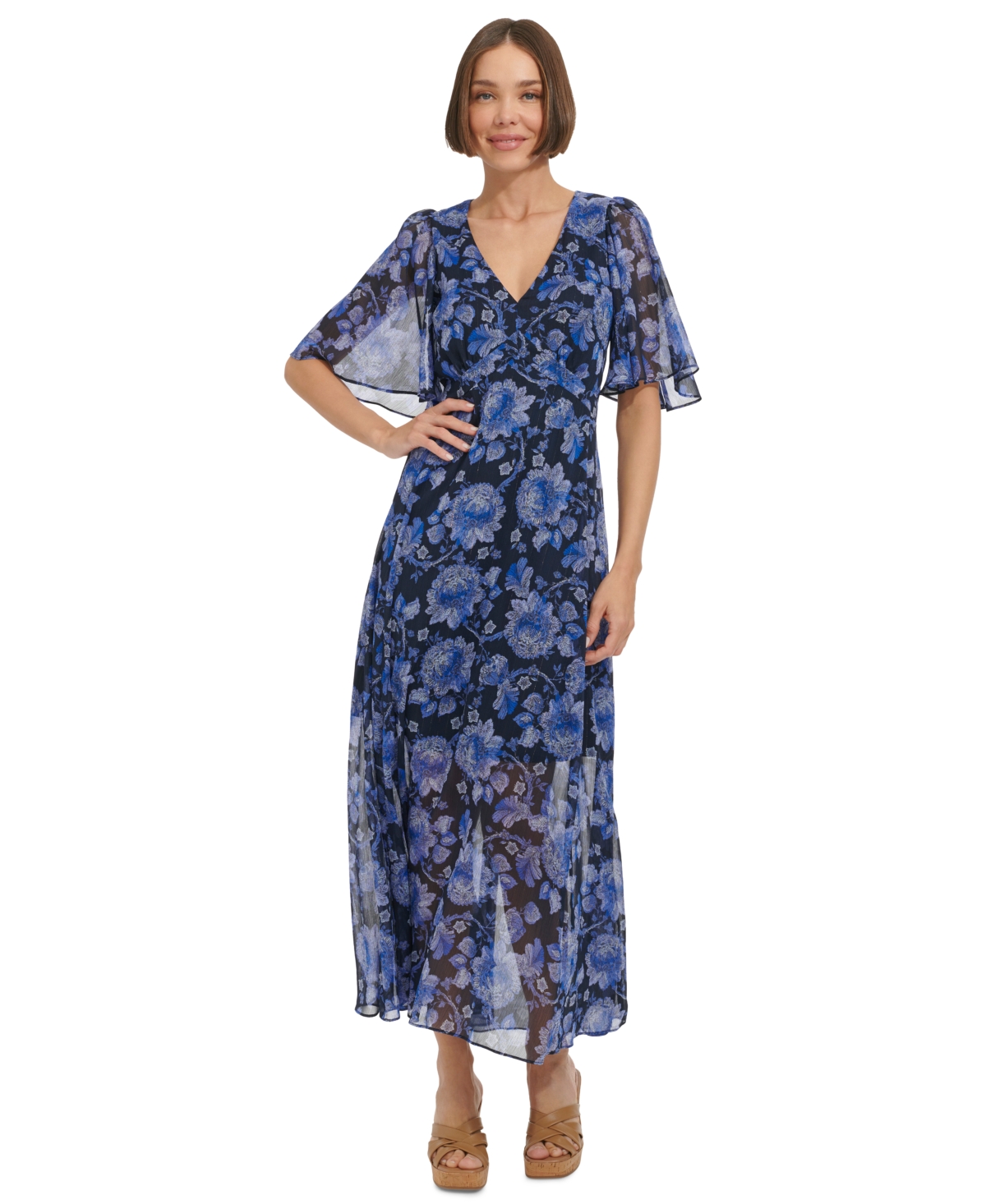 Shop Tommy Hilfiger Women's Floral Flutter-sleeve Maxi Dress In Sk Captn,a