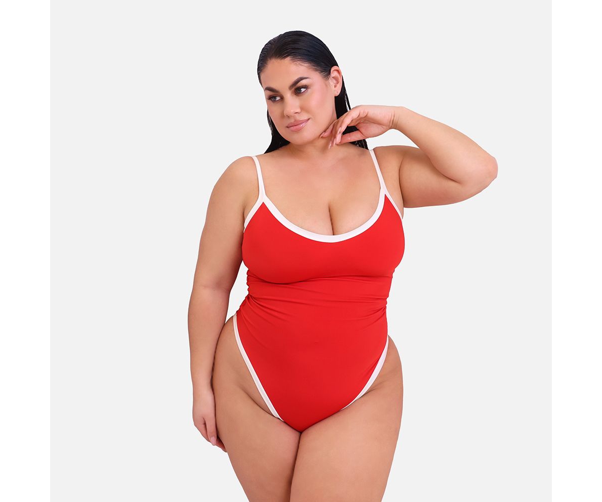 Plus Size Bon Voyage Contrast Strap Swimsuit - Red