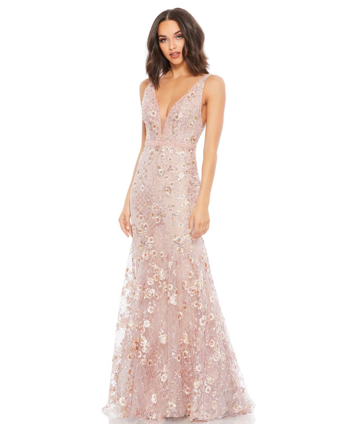 Women's Floral Embellished Sleeveless Plunge Neck Gown - Rose pink