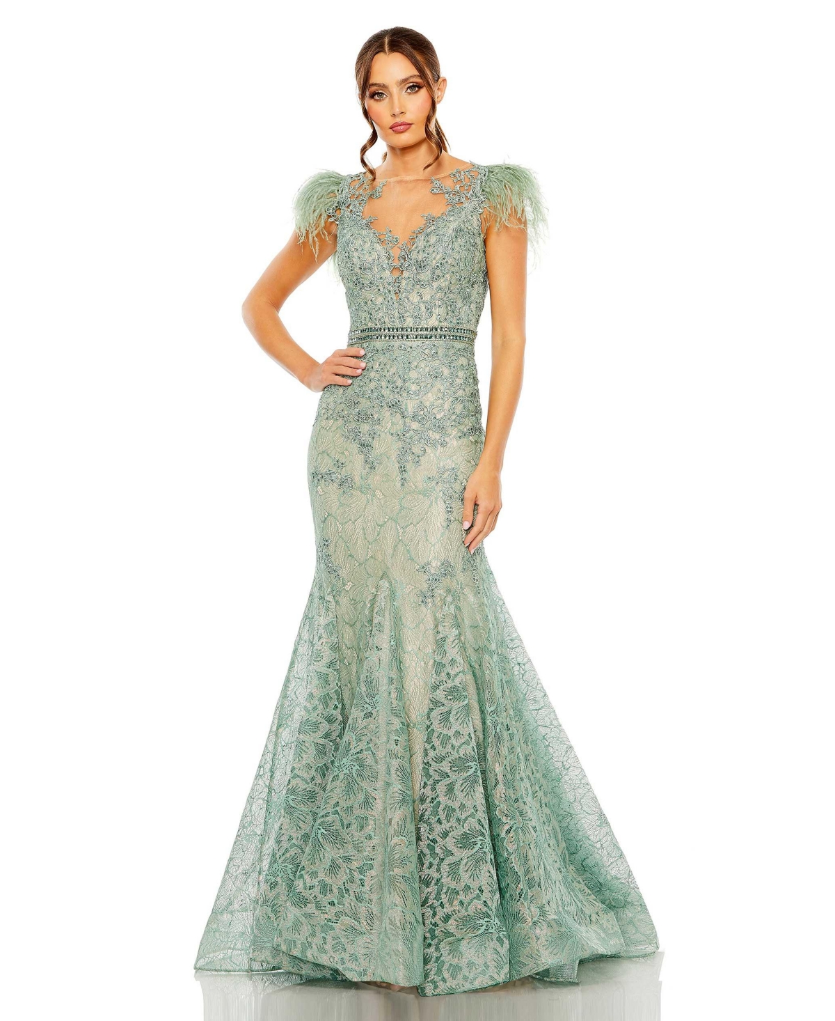 Women's Embellished Feather Cap Sleeve Illusion Neck Trumpet Gown - Sage