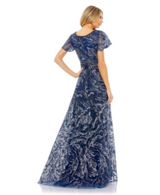 Women's Embellished Illusion Butterfly Sleeve A-Line Gown