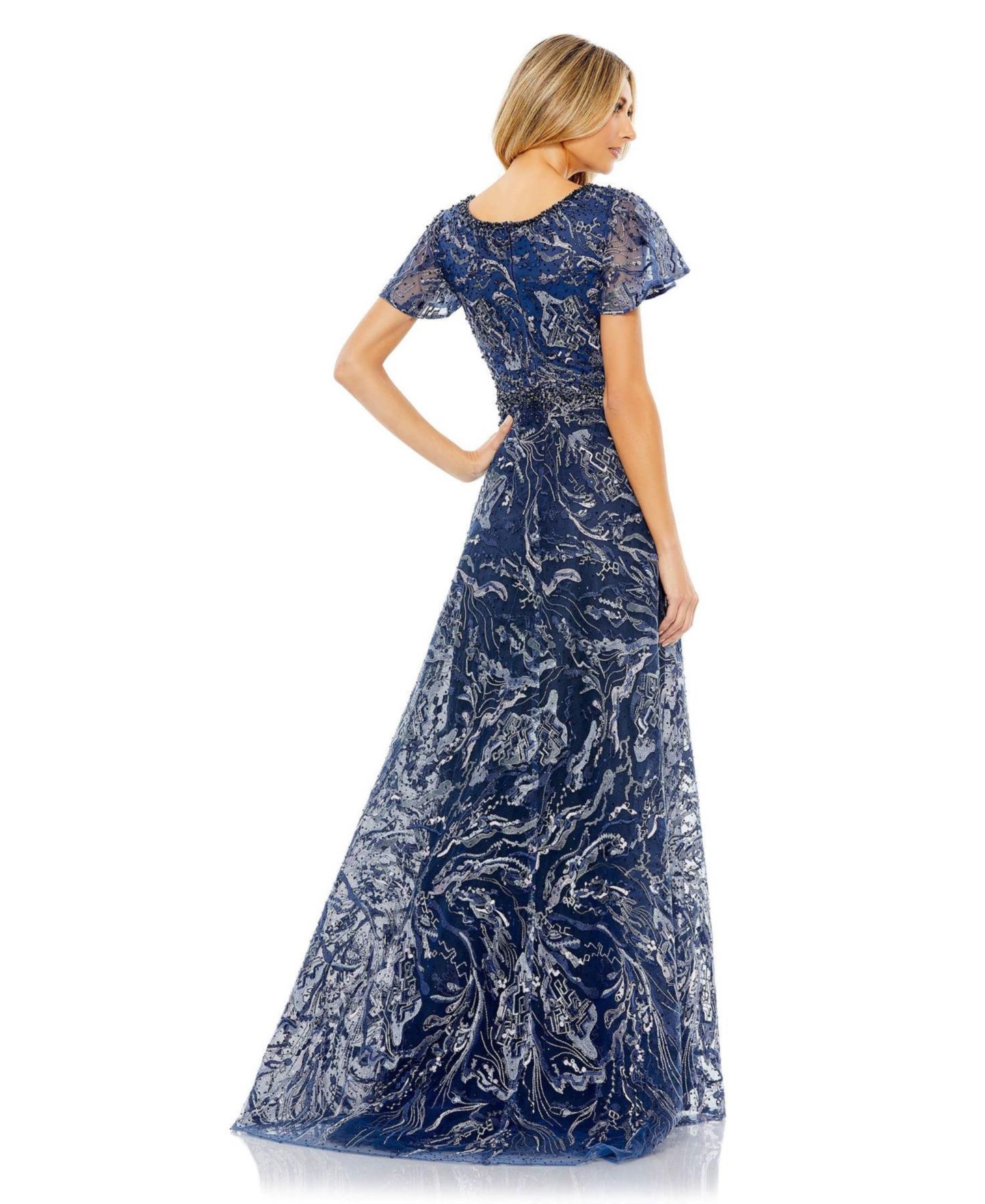 Женские платья Mac Duggal Embellished Illusion Butterfly Sleeve A-Line Gown, цвет: Тёмно-синий — фото 2