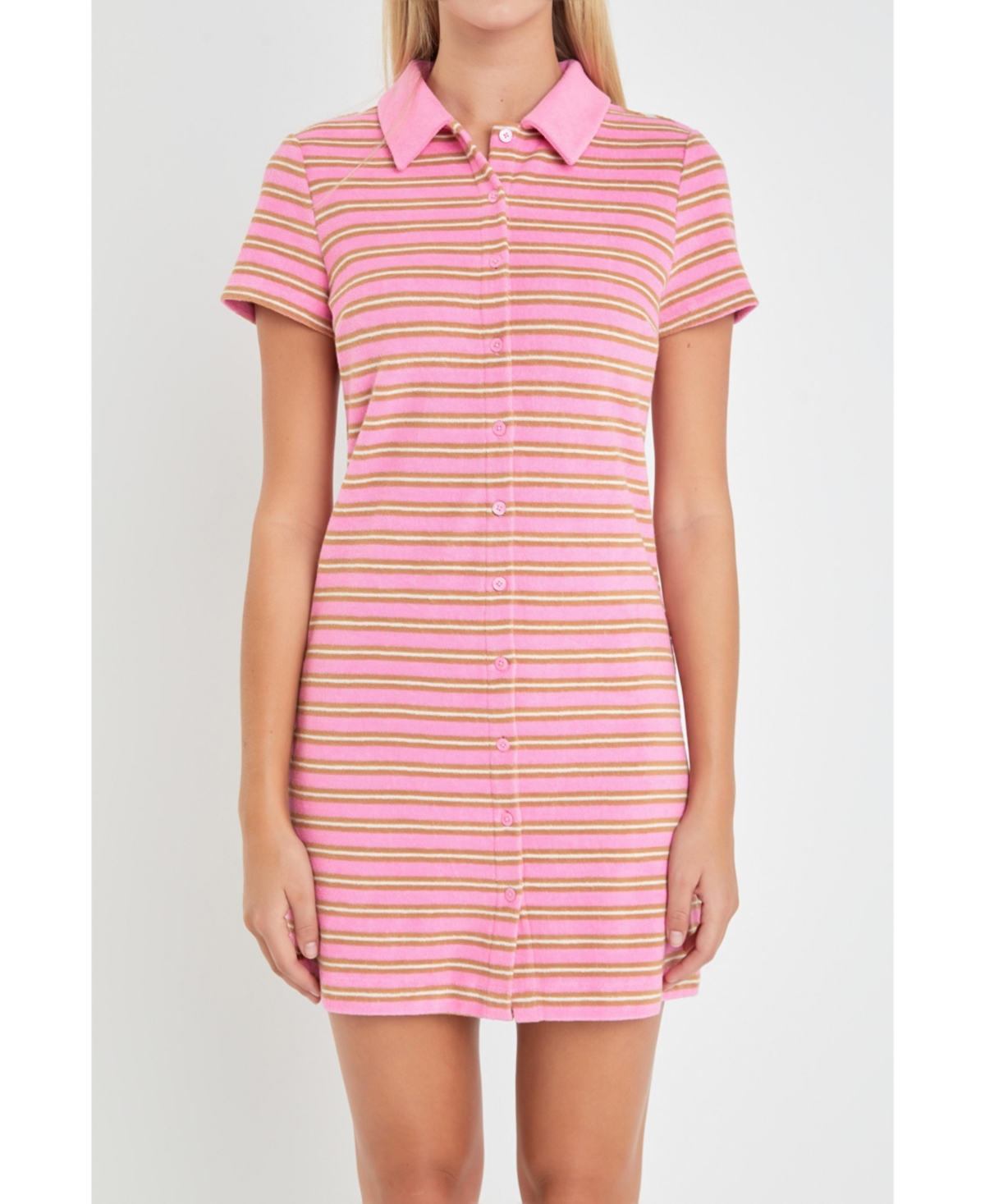 Women's Terry Striped Polo Dress - Pink multi