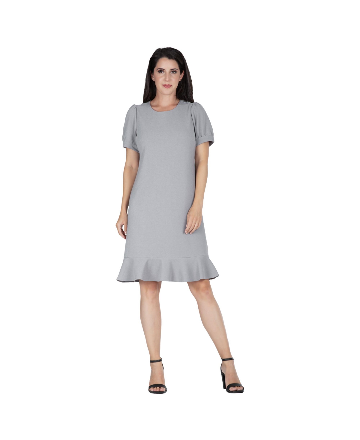 Women's Puff Sleeves Drop Waist Ruffle Hem Midi Dress - Grey