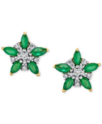 Emerald (1 ct. t.w.) & Diamond (1/5 ct. t.w.) Flower Stud Earrings in 14k Gold
