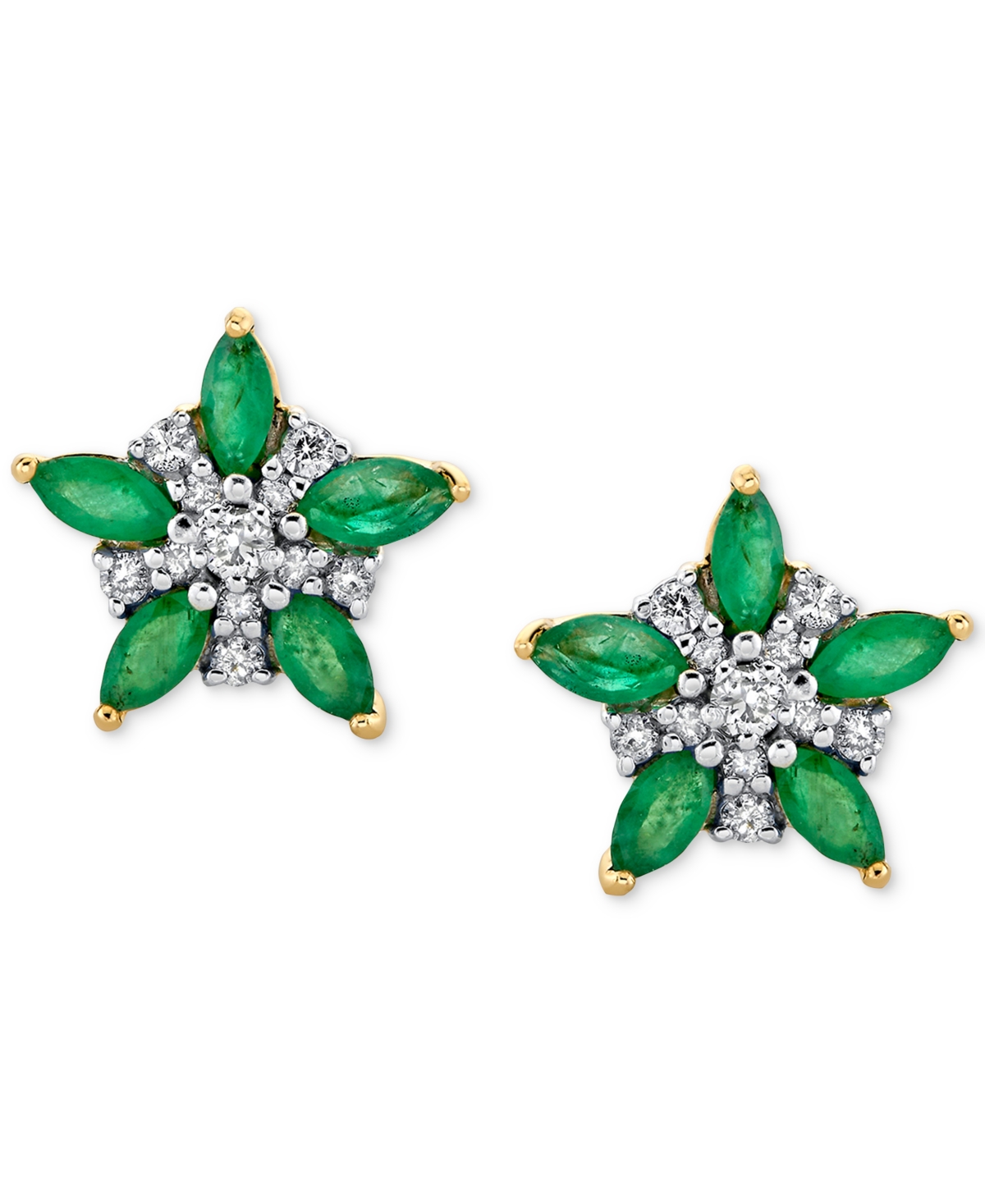 Macy's Emerald (1 Ct. T.w.) & Diamond (1/5 Ct. T.w.) Flower Stud Earrings In 14k Gold In Emerald