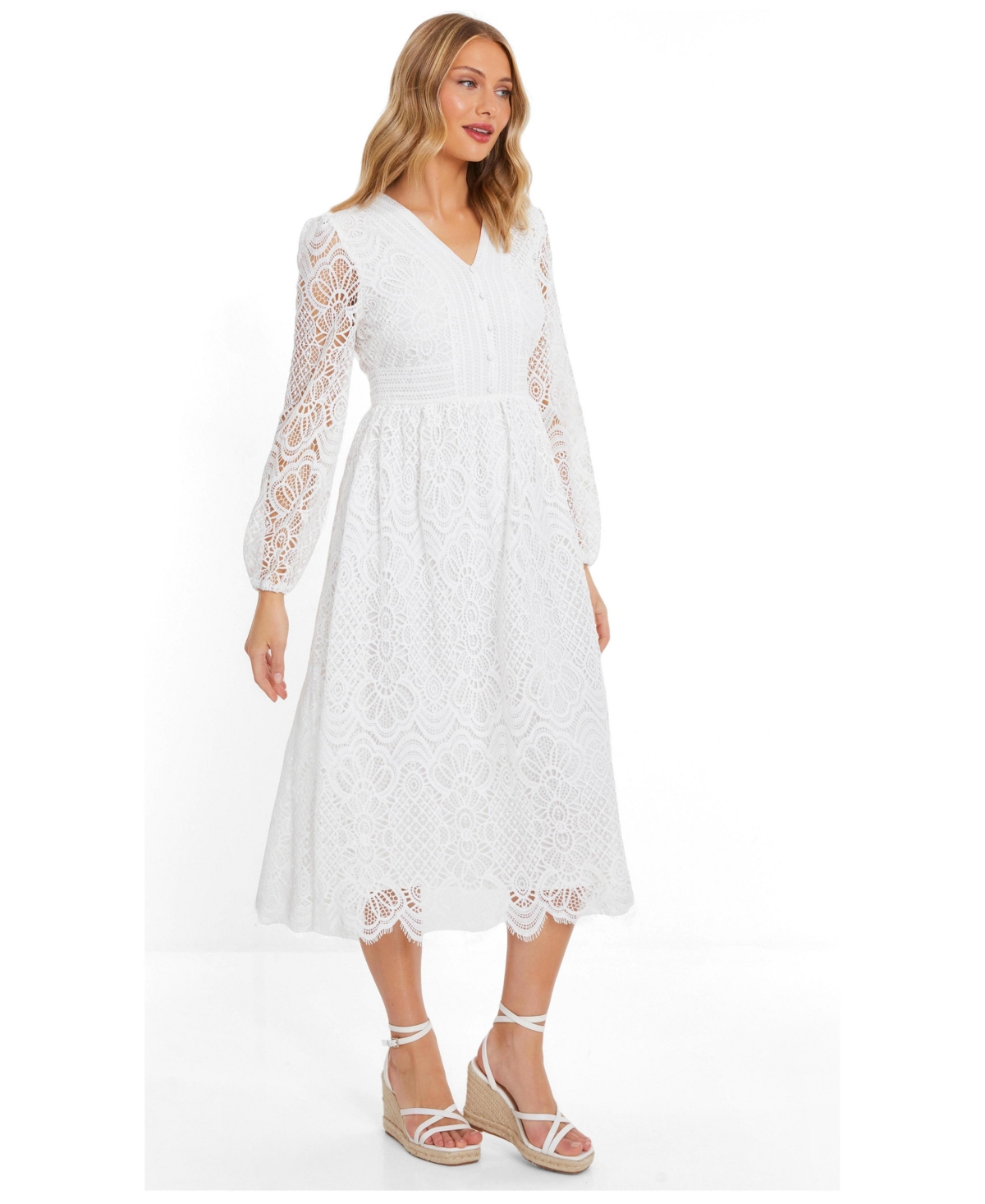 Quiz Women's Crochet Lace Long Sleeve Midi Dress