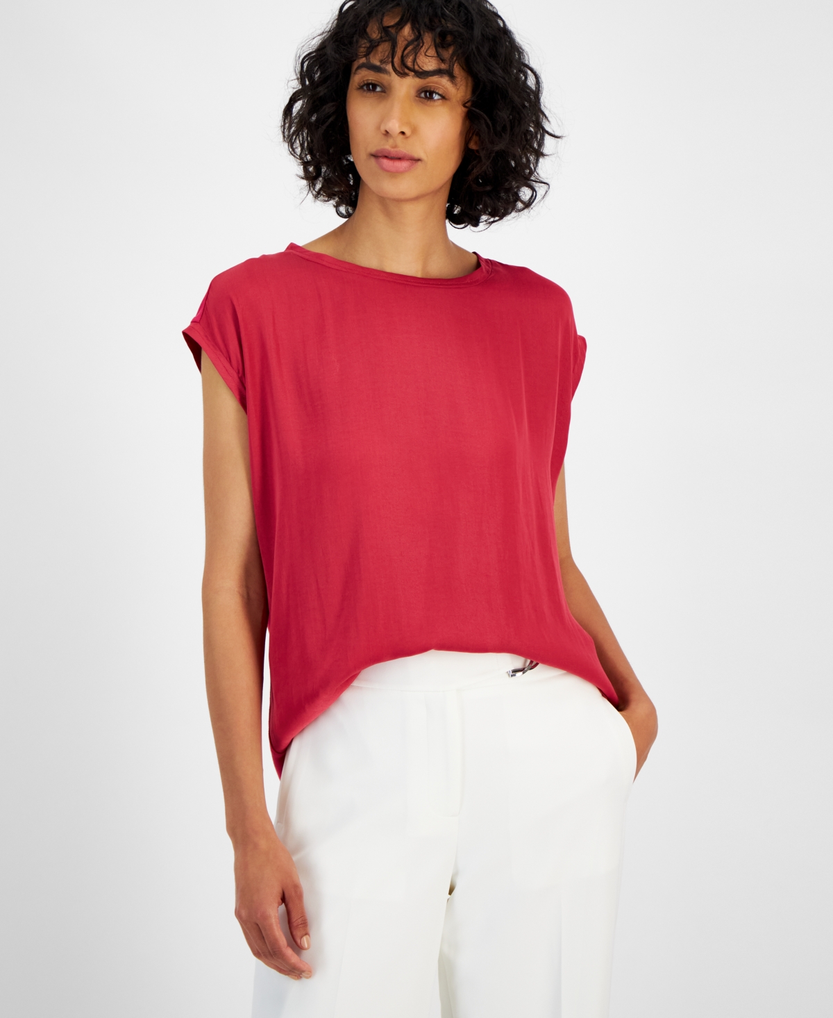 Shop T Tahari Women's Mixed-media Scoop-neck Drop-shoulder Top In Corsage Pink