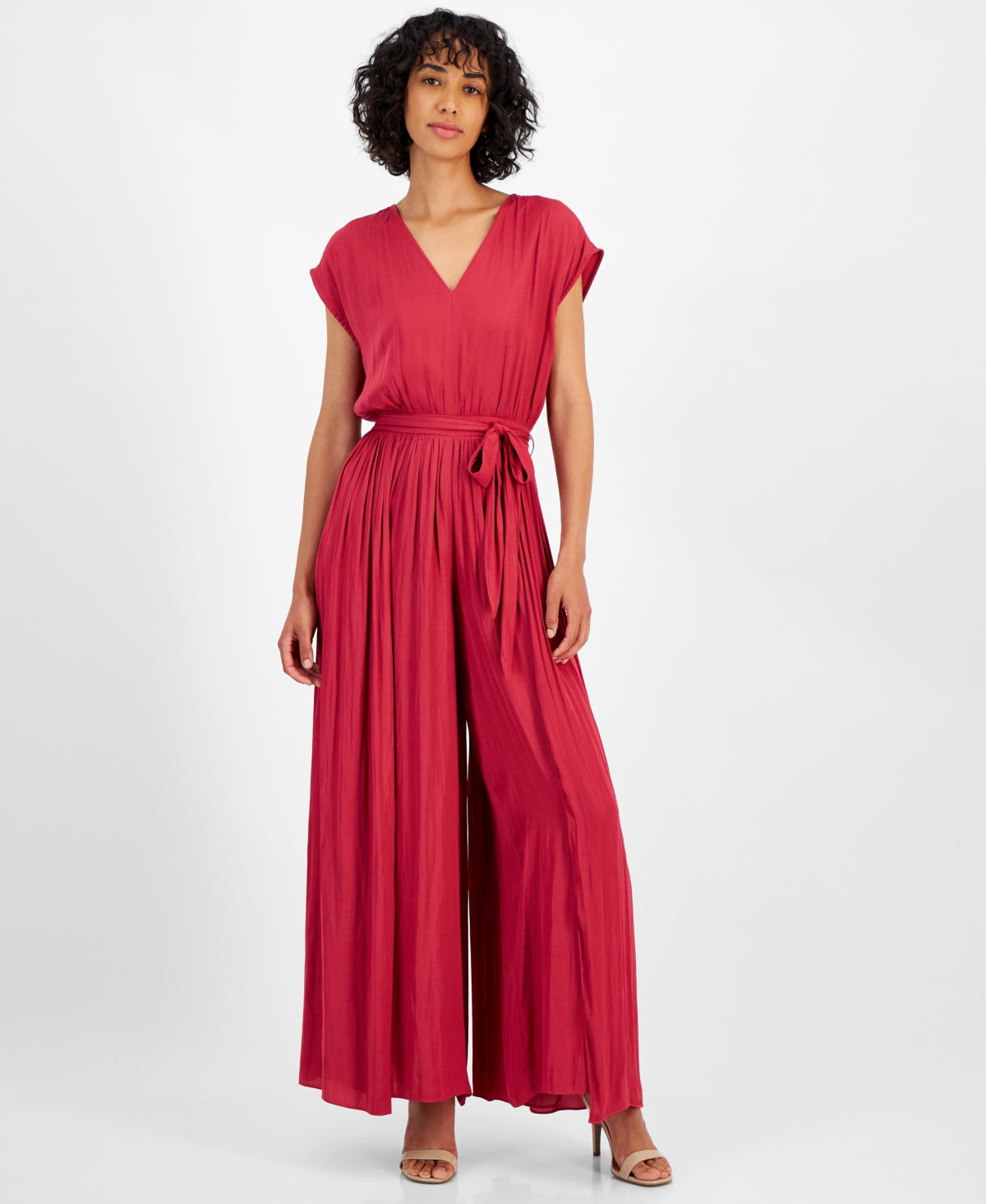 Women's V-Neck Pleated Jumpsuit - Corsage Pink